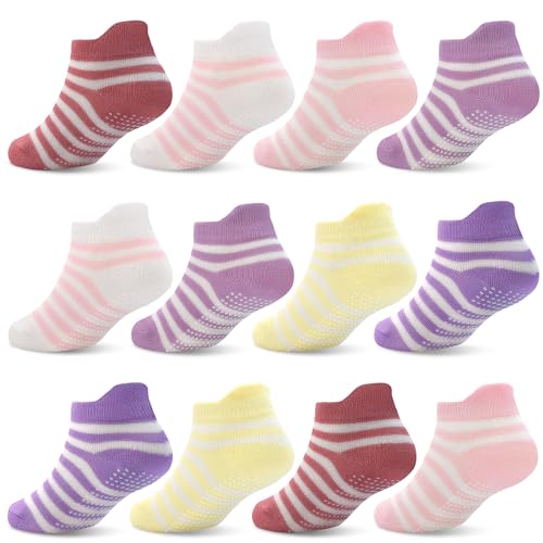 ELUTONG Antirutsch Socken Kinder，12 Paar Stoppersocken Kinder Baumwolle Rutschfeste Socken für 6-12 Monate Jungen Mädchen（rosa, lila） von ELUTONG