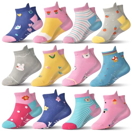 ELUTONG Antirutsch Socken Kinder, 12 Paar Mädchen Jungen Baumwolle Stoppersocken with Cartoon Muster für 3-5 Jahre（Blumen, Haus） von ELUTONG