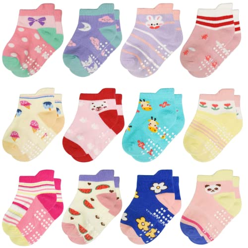 ELUTONG Baby Antirutsch Socken mit Griffen,12 Paar Mädchen ABS Rutschfeste Baumwolle StopperSocken für 1-3 Jahre Kinder von ELUTONG