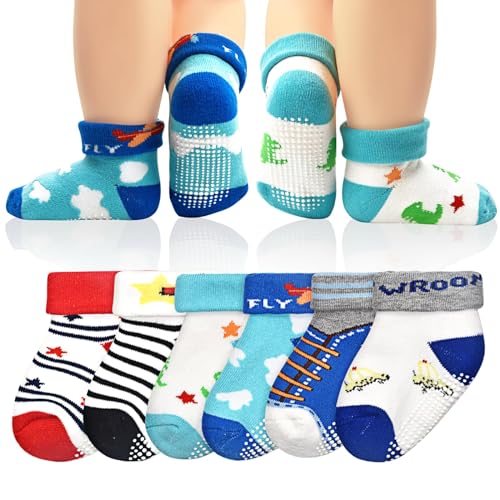 ELUTONG Baby Dicke Rutschfeste Knöchelsocken Warme, 6er Kinder Jungen Mädchen Anti Rutsch Socken Sticky Baumwolle Stoppersocken,0-6 Monat von ELUTONG