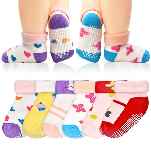 ELUTONG Baby Dicke Rutschfeste Knöchelsocken Warme, 6er Kinder Jungen Mädchen Anti Rutsch Socken Sticky Baumwolle Stoppersocken,0-6 Monat von ELUTONG