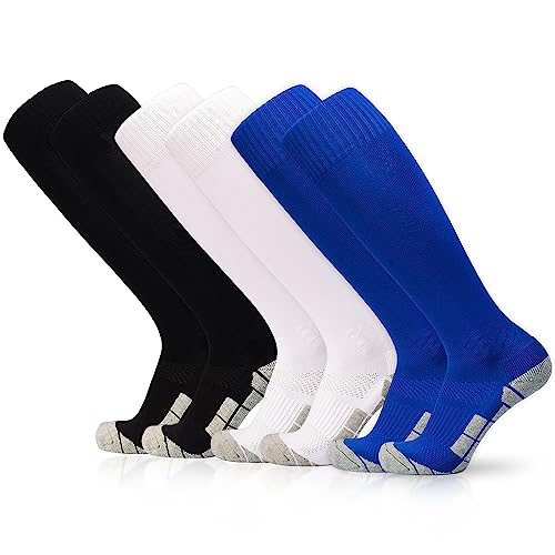 ELUTONG Fußballsocken Kinder, 3 Paar Unisex Fußballstutzen Trainingssocken Elastische Sportsocken, Bequem und Atmungsaktiv Sockenstutzen für Fußball Laufen Basketball 38-42(schwarz + weiß + blau) von ELUTONG