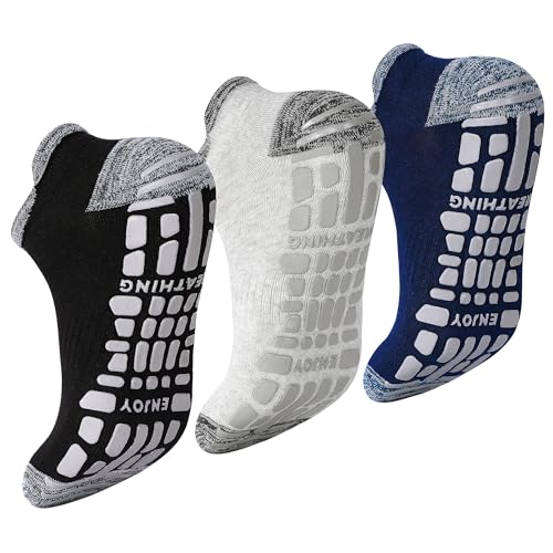 ELUTONG Herren Rutschfest Sneaker Socken, 3 Paar Anti-Rutsch Atmungsaktive Baumwolle Sportsocken, Schwarz Weiß Knöchel Männer Socken 39-42 (schwarz+grau+navy) von ELUTONG