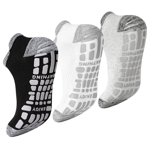 ELUTONG Herren Rutschfest Sneaker Socken, 3 Paar Anti-Rutsch Atmungsaktive Baumwolle Sportsocken, Schwarz Weiß Knöchel Männer Socken 47-49（schwarz+weiß+grau） von ELUTONG