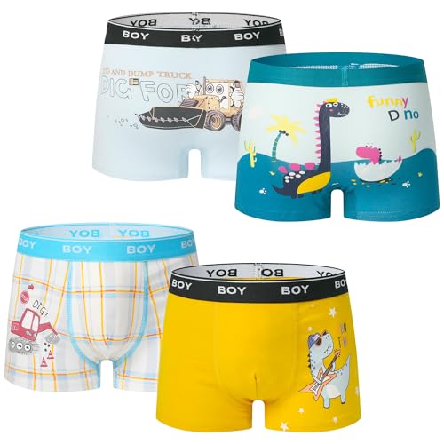 ELUTONG Jungen Boxershorts,Baumwoll Weicher Unterhosen für 6-8 Jahre 4er Pack（Bagger+Dinosaurier） von ELUTONG