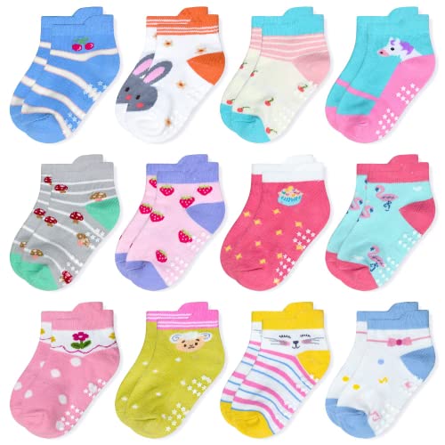 ELUTONG Antirutsch Socken Kinder, 12 Paar Mädchen Jungen Baumwolle Stoppersocken with Cartoon Muster für 5-7 Jahre（Blumen,Kaninchen） von ELUTONG