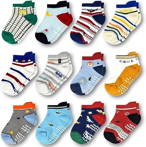 ELUTONG Kinder Jungen Anti Rutsch Knöchelsocken, 12 Paar Rutschfeste Low Cut Sticky Baumwolle Socken,3-5 Jahre von ELUTONG