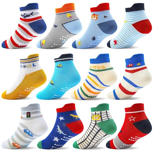 ELUTONG Antirutsch Socken Kinder, 12 Paar Mädchen Jungen Baumwolle Stoppersocken with Cartoon Muster für 5-7 Jahre（Tiger） von ELUTONG