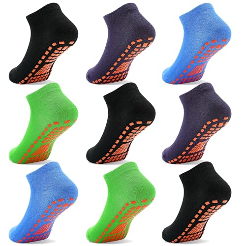ELUTONG Kinder Trampoline Socken - Baumwolle Jungen Mädchen Antirutschsocken, 9 Paar Non Slip Grips Ankle Boden Kindersocken 10-13 Jahre（black+dark purple+blue+green） von ELUTONG