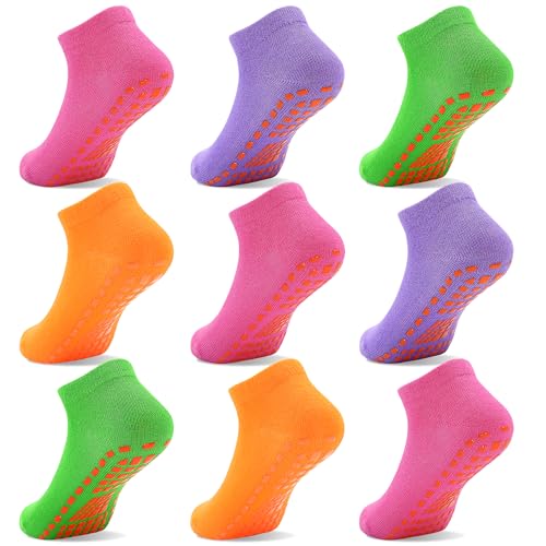 ELUTONG Kinder Trampoline Socken - Baumwolle Jungen Mädchen Antirutschsocken, 9 Paar Non Slip Grips Ankle Boden Kindersocken 10-13 Jahre（rose+purple+green+orange） von ELUTONG