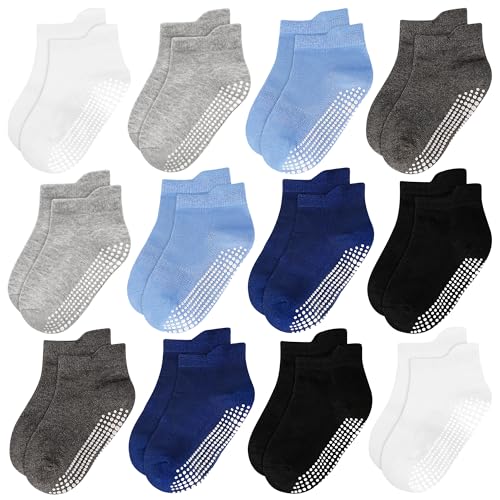ELUTONG Antirutsch Socken Kinder，12 Paar Stoppersocken Kinder Baumwolle Rutschfeste Socken für 1-3 Jahre Jungen Mädchen(schwarz,grau,marineblau,blau,weiß) von ELUTONG