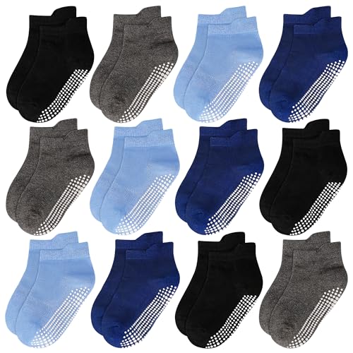 ELUTONG Antirutsch Socken Kinder，12 Paar Stoppersocken Kinder Baumwolle Rutschfeste Socken für 3-5 Jahre Jungen Mädchen(schwarz,grau,marineblau,blau) von ELUTONG