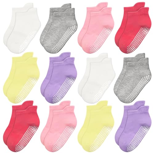 ELUTONG Antirutsch Socken Kinder，12 Paar Stoppersocken Kinder Baumwolle Rutschfeste Socken für 6-12 Monate Jungen Mädchen（weiß,rot,grau,lila,gelb,rosa） von ELUTONG