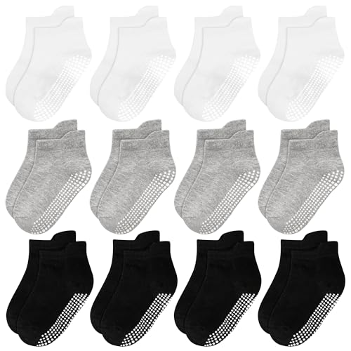 ELUTONG Antirutsch Socken Kinder，12 Paar Stoppersocken Kinder Baumwolle Rutschfeste Socken für 6-12 Monate Jungen Mädchen(schwarz,grau,weiß) von ELUTONG
