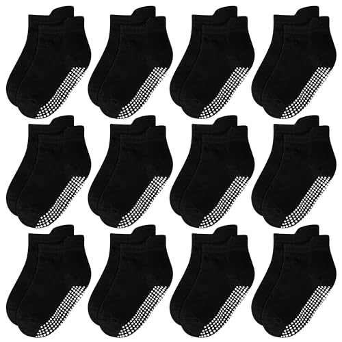ELUTONG Antirutsch Socken Kinder，12 Paar Stoppersocken Kinder Baumwolle Rutschfeste Socken für 6-12 Monate Jungen Mädchen(schwarz) von ELUTONG