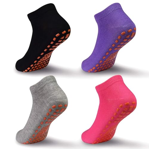 ELUTONG Rutschfeste Trampolinsocken für Kinder, 4 Paar Stoppersocken Baumwolle Sockens Atmungsaktiv und Weich für Jungen Mädchen EU 34-38 (schwarz+grau+medium lila+ rosa) von ELUTONG