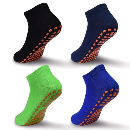 ELUTONG Rutschfeste Trampolinsocken für Kinder, 4 Paar Stoppersocken Baumwolle Sockens Atmungsaktiv und Weich für Jungen Mädchen EU 34-38 (schwarz+marineblau+grün+saphirblau) von ELUTONG