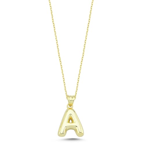 925 Sterling Silber Ballon-Buchstaben-Halskette - Platin oder 14K Gold plattiert, verstellbare Kette, personalisierte Initial-Anhänger, hypoallergen, Geschenk für Frauen, Mädche (A, 14K vergoldet) von ELVNY