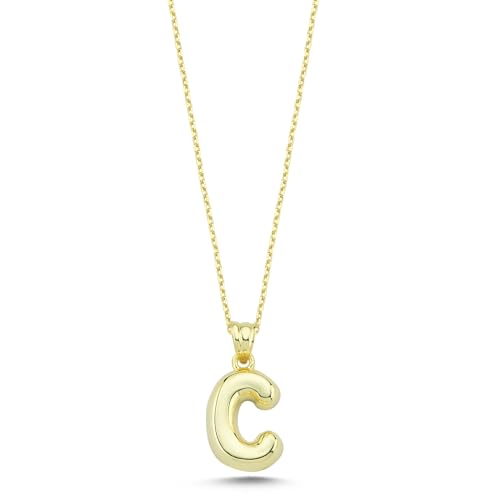 925 Sterling Silber Ballon-Buchstaben-Halskette - Platin oder 14K Gold plattiert, verstellbare Kette, personalisierte Initial-Anhänger, hypoallergen, Geschenk für Frauen, Mädche (C, 14K vergoldet) von ELVNY