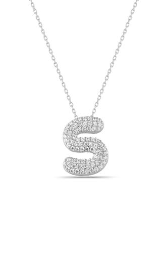 ELVNY Bubble Zirkon Buchstaben Halskette, 925 Sterling Silber 14K Gold/Platin plattiert Ballon Halskette Zierliche Cubic Zirkonia Bubble Initial Halsketten Halskette für Frauen (S, Platin plattiert) von ELVNY