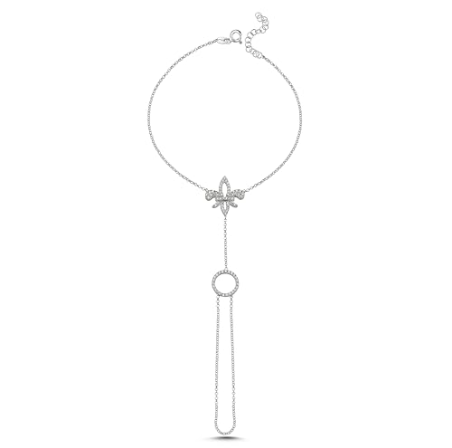 Handkette Armband Ring 925 Sterling Silber 14K vergoldet/Platin plattiert Zierliches Fingerarmband Zirkon Hochzeitsschmuck Geschenke für Frauen, verstellbare Größe (HandKette-7, Platin plattiert) von ELVNY