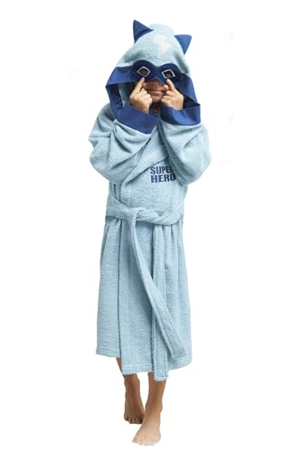 ELY PARKER Kinder Bademantel für Jungen, Frottee, Handtuch aus Türkische Baumwolle, mit Kapuze, Superheld, Blau (3-4 Jahre) Superweich, Saugfähig, Bequem, Dick von ELY PARKER