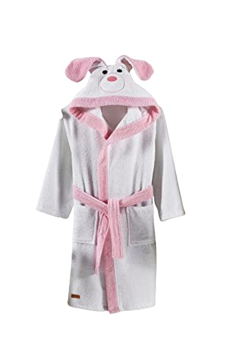 ELY PARKER KinderBademantel für Mädchen, Handtuch aus Türkischer Baumwolle, Frottee, mit Kapuze, Hund, Weiß, Rosa (5-6 Jahre) Superweich, Saugfähig, Bequem, Dick von ELY PARKER