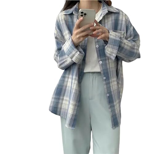 ELYRTHRIUMC Bluse Lässige Lange Ärmel Bluse Mit Mittlerer Länge Lose Frauen Kariertes Hemd Weibliche Kragen Tops-Blau-L von ELYRTHRIUMC