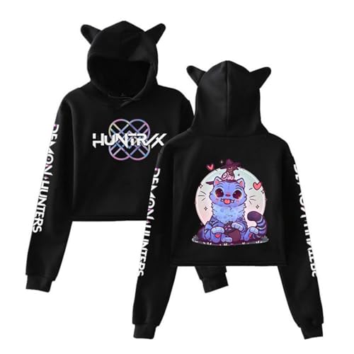 ELYSORA Langarm Crop Sweatshirt mit Katzenohren-Kapuze, Kpop Muster Demon Film Hunters Kapuzenpullover Hoodie Pullover Shirt (Muster 1 Schwarz, S) von ELYSORA