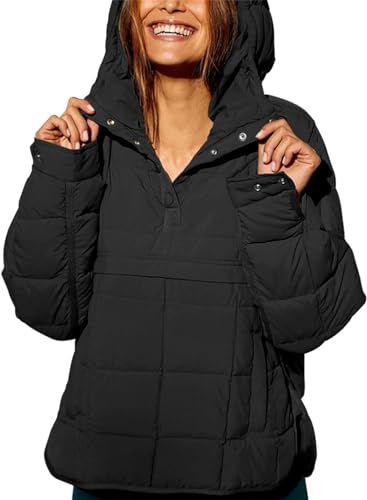 ELizoop Damen Oversized Hooded Puffer Jacket Quilted Lightweight Long Sleeve Coat Winter Warm Padded Pullover, Schwarz , 48 von ELizoop