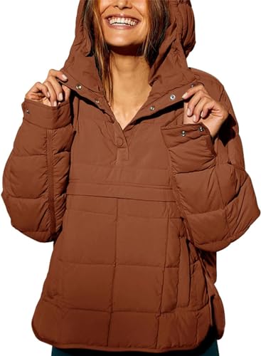 ELizoop Damen Oversized Hooded Puffer Jacket Quilted Lightweight Long Sleeve Coat Winter Warm Padded Pullover, braun, 36 von ELizoop