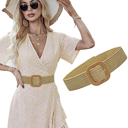 ELizoop Frauen Gürtel Stroh gewebt Elastisch Stretch Taille Gürtel Kleid Gürtel Schnalle Taille Kleid Band (Khaki) von ELizoop