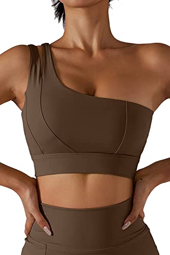 Sport-BHS Für Damen, One-Shoulder-Yoga-BH Mit Hohem Halt, Ausgeschnittene Träger, Sportlich, Laufen, Workout, Bauchfreies Oberteil (Braun,M) von ELizoop