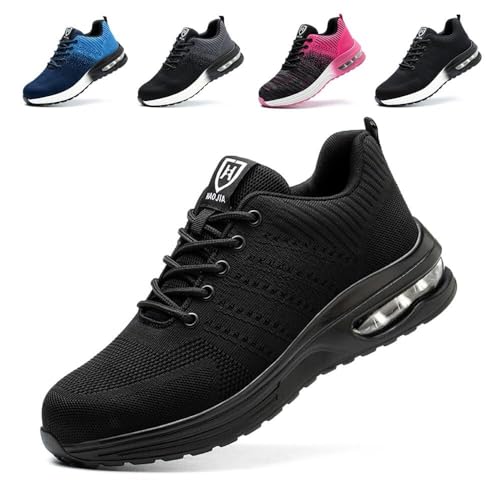 ELroal Stahlkappen-Sneaker, Sport-Sneaker for Herren und Damen, Frühling und Sommer, atmungsaktiv, große Größe, Bequeme, stoßdämpfende Sohle, modisch (Color : Black, Size : 9 UK) von ELroal