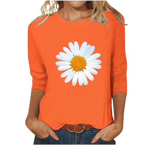 3/4 Arm Shirt Damen Elegant Tunika Tshirt Sommer Rundhals Oberteile Baumwolle Casual Bluse Tops Leicht Sport Longshirt Blumen Muster Sommershirts Gemütlich Sportshirt befristetes angebot des tages von EMATOP