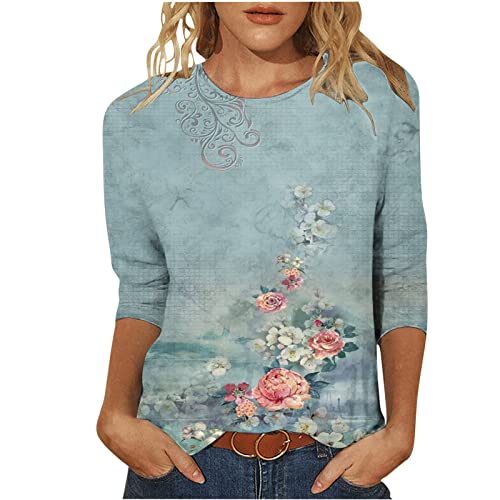 3/4 Arm Shirt Damen Sommer Oberteile Locker Lässig Bluse Tshirt Rundhals Basic Tunika Sommershirt Vintage Blumen Druck Longshirt Baumwolle Bequem Blusenshirt Teenager Mädchen Streetwear von EMATOP