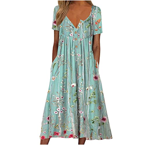 A Linie Kleid Damen Kurzarm Sommerkleid V Ausschnitt Boho Strandkleid Vintage Elegant Blumen Kleider mit Taschen Maxikleider Hohe Taille Cocktail Partykleid Teenager Mädchen Blusenkleid von EMATOP