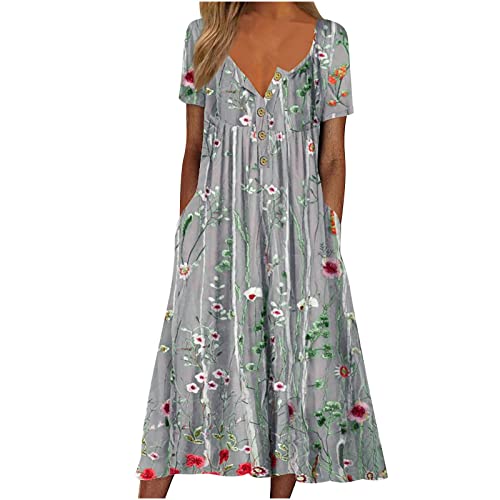 A Linie Kleid Damen Kurzarm Sommerkleid V Ausschnitt Boho Strandkleid Vintage Elegant Blumen Kleider mit Taschen Maxikleider Hohe Taille Cocktail Partykleid Teenager Mädchen Blusenkleid von EMATOP