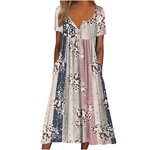 A Linie Kleid Damen Kurzarm Sommerkleid V Ausschnitt Boho Strandkleid Vintage Elegant Blumen Kleider mit Taschen Maxikleider Hohe Taille Cocktail Partykleid Teenager Mädchen Blusenkleid von EMATOP