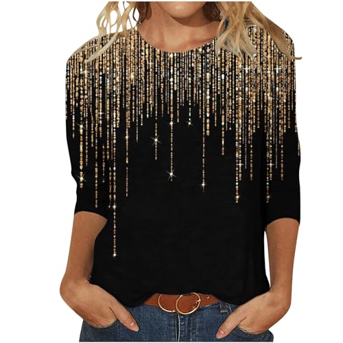 Angebot Tshirt Damen 3/4 Arm Pailletten Oberteil Shirt Lässig Rundhals Tunika Longshirt Festliche Glitzer Langarmshirt Elegant Bluse Tops Neuartige Sommershirt Sportshirt von EMATOP