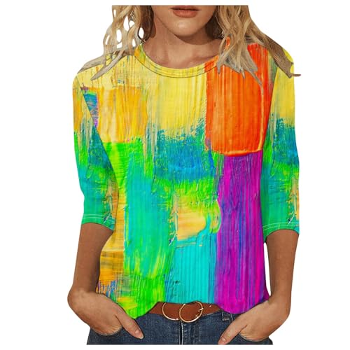 Angebot des Tages 3/4 Ärmel Longshirt Damen Sommer Lässig Bluse Tunika Shirt Elegant Langarm Oberteile Bunte Tie Dye Sommershirts Locker Rundhals Tshirt Blusen & Tuniken Tops von EMATOP