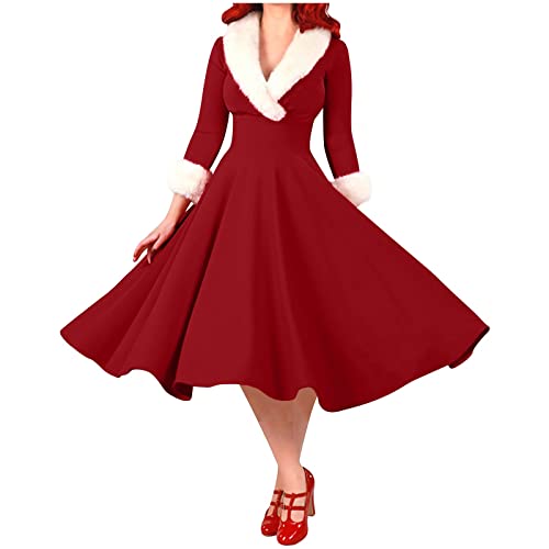 Angebot des Tages Heute Weihnachtskleid Damen Elegant A Linie Kleid Vintage Langarm Cocktailkleid Sexy V-Ausschnitt Weihnachtlich Partykleid Vintage Festliche Kleider Abendkleid von EMATOP