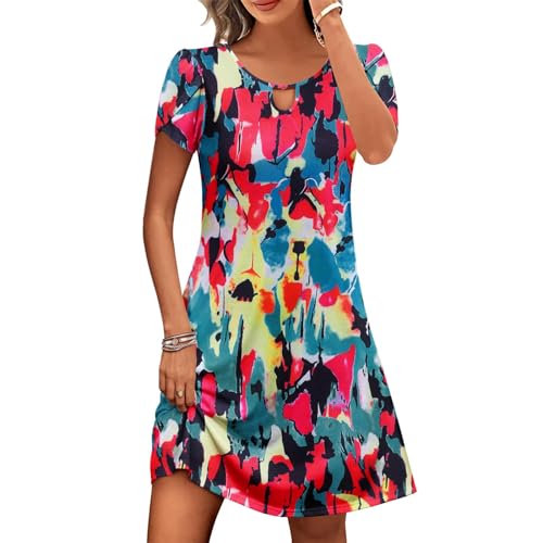 Angebote Strandkleid Damen Sommer Kurzarm Boho Kleid Casual Baumwolle Sommerkleider Knielang T-Shirt Kleider Leichte Vintage Minikleid Lose Elegant Blumenkleid Blusenkleid von EMATOP