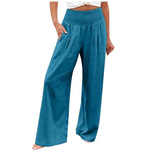 Angebote des Tages Heute Damen Weites Bein Hose Elegantes Baumwolle Sommerhose Leinen Boho Strandhose Leicht Lang Freizeithose Casual Loose Leinenhose mit Taschen Stoffhose Jogginghose von EMATOP