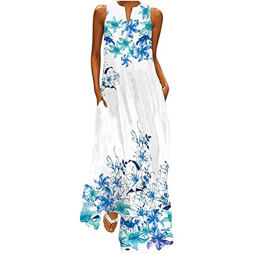 Lange Sommerkleid Damen Ärmelloses Elegant Maxikleid Sommer Boho Strandkleid V-Ausschnitt Leicht A-Line Kleider Luftig Trägerkleid mit Taschen Freizeitkleid Bunte Blumen Shirtkleider von EMATOP
