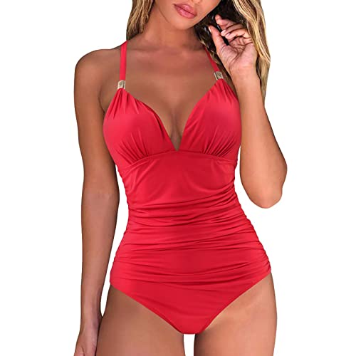 Badeanzug Damen Bauchweg Bikini Set Push Up Bademode Sexy Tiefer V-Ausschnitt Swimsuit Elegant Einteiler Badeanzüge Baumwolle Einfarbig Tankini Beachwear Strandmode angebote des tages heute damen von EMATOP