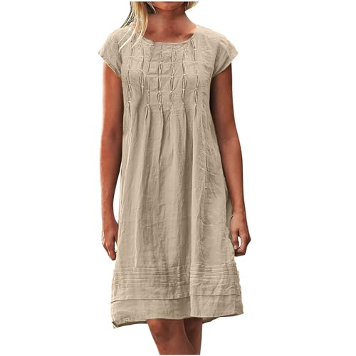 Blusenkleid Damen Sommer Leinen Minikleid Knielang A Linie Kleid Rundhals Kurzarm Sommerkleid Leicht Vintage Leinenkleider Mode Einfarbig Strandkleider Hohe Taille Plissiert Kleider von EMATOP