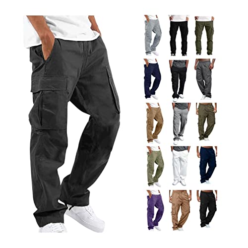 Cargohose Herren Regular Fit Chino Hose Baumwolle Lang Rangerhose Casual Loose Sporthose mit Taschen Freizeithose Elastische Taille Wanderhose Einfarbig Weich Outdoorhose für Männer von EMATOP