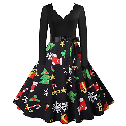 Christmas Cocktailkleid Damen Langarm V-Ausschnitt Weihnachtskleid Festival A-Linie Kleid Vintage Hohe Taille Partykleid Elegant Weihnachten Kleider Lustig Baumwolle Abendkleid Faltenrock von EMATOP