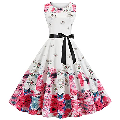 Cocktailkleid Damen 50er Jahre Rockabilly Kleid Vintage Ärmellos Abendkleid Retro Swing A Linie Faltenrock Knielang Sommerkleid Elegant Hohe Taille Ballkleid Blumen Druck Strandkleid von EMATOP